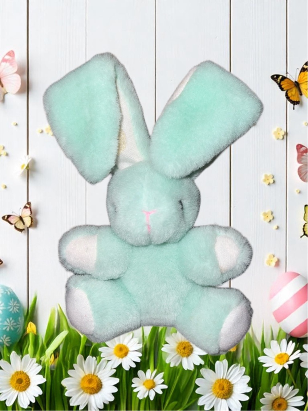 Vintage TB Trading Green White Bunny Rabbit Stuffed Plush  Hook N Loop Ears 7”